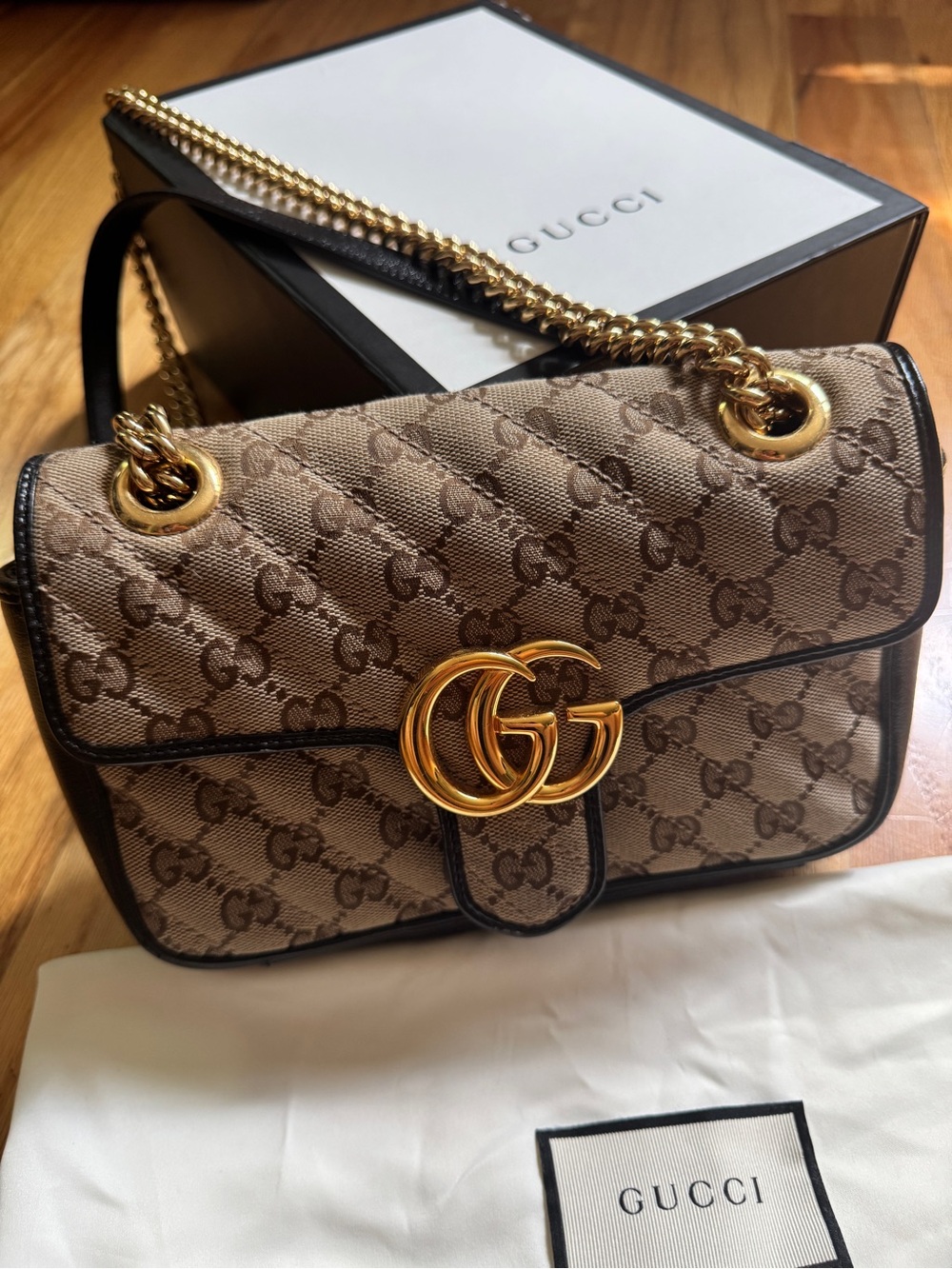 Authentic GUCCI Monogram Matelasse Mini GG Marmont in Beige and Ebony - Picture 1 of 6
